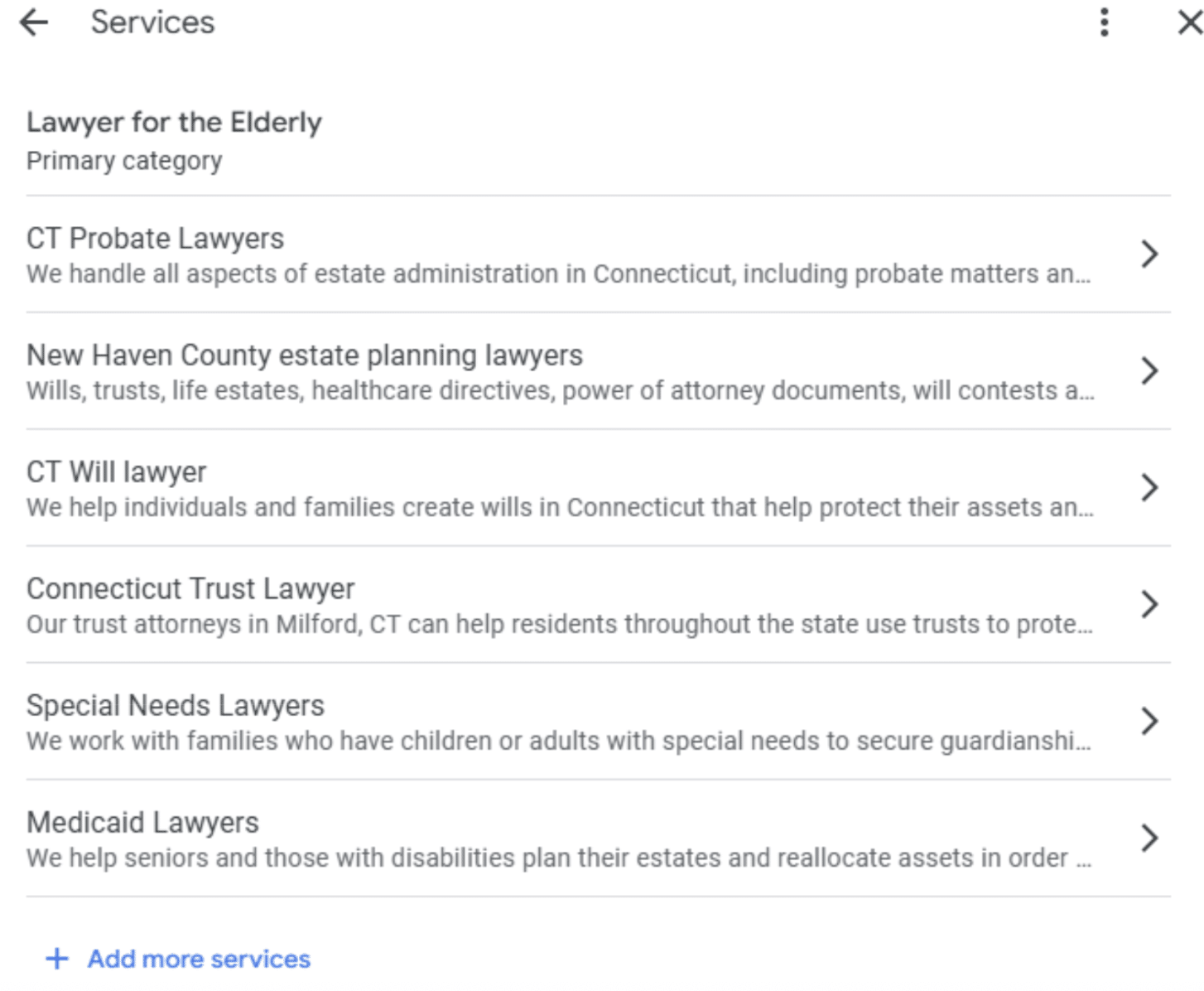 An example of how services look in GBP 